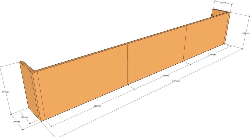 Backless 3700 x 350 x 600mm Tall