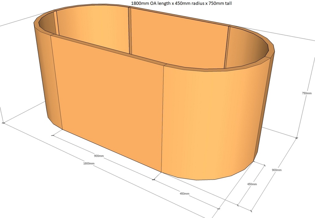 Oblong planter 1800L x 450rad x 750Tall