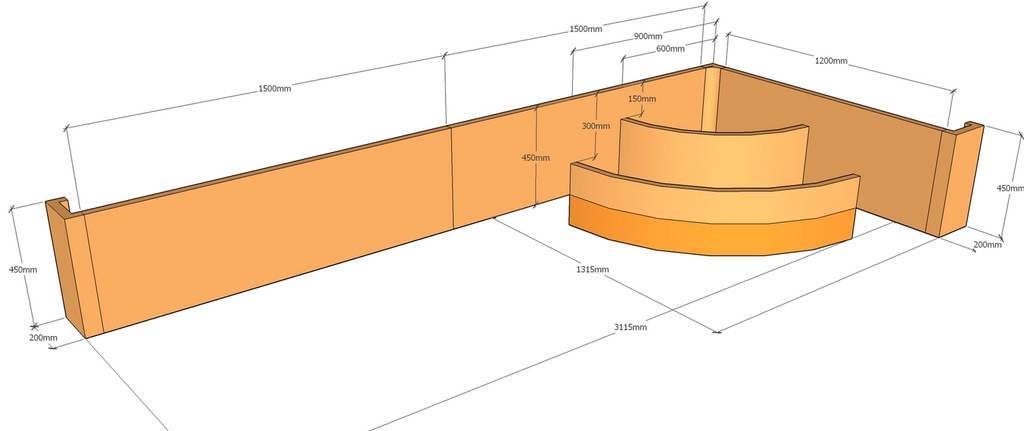 [CorRetSteKit3115-450T-2-r-steps-v1] Retain wall 3.115m L x 450mm T rnd steps